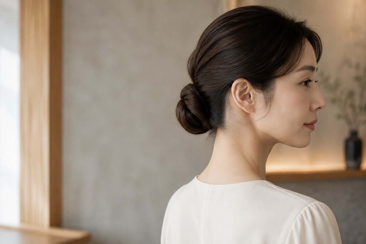 髪をまとめた女性のうなじと横顔